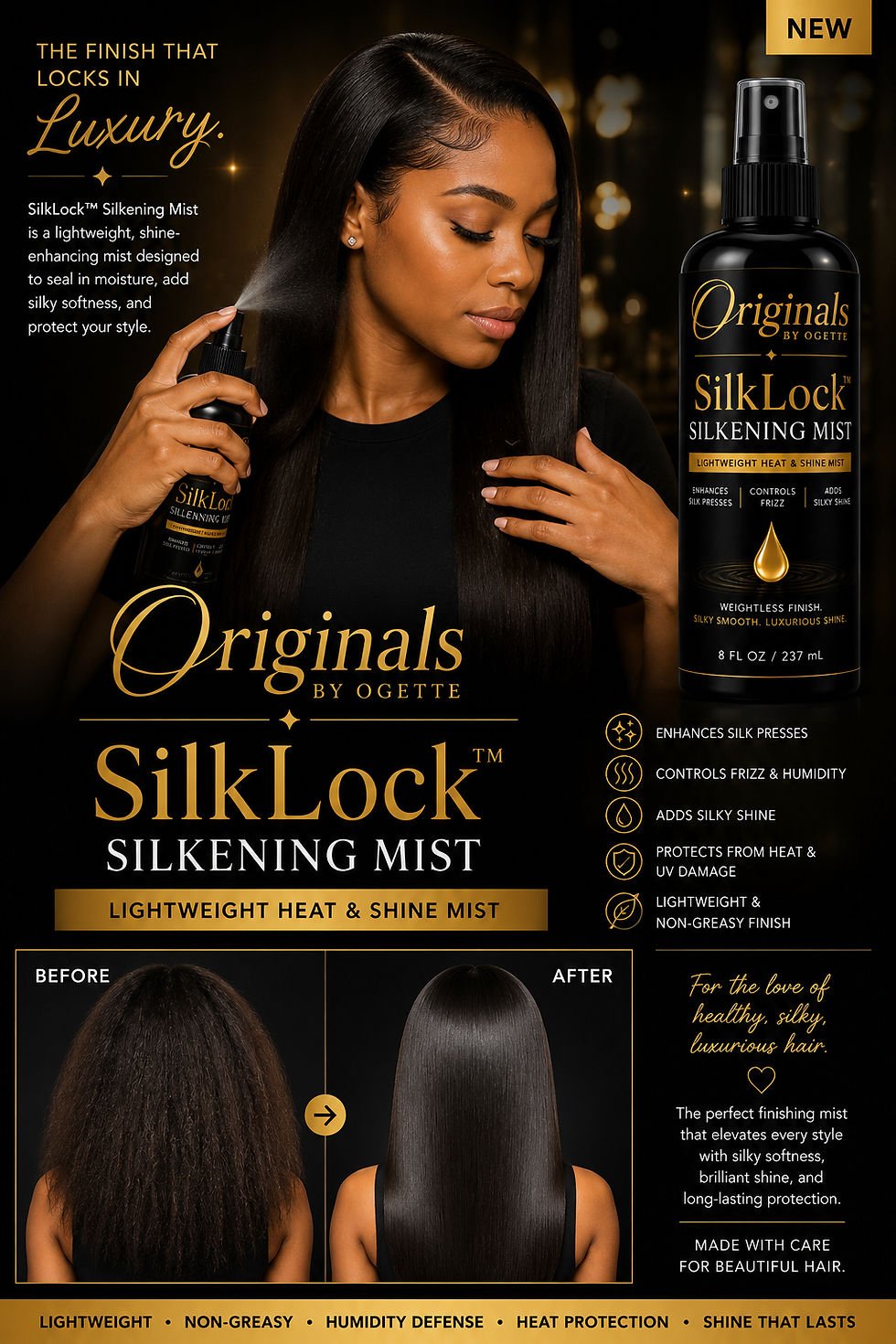 Thumbnail: “SilkLock™ Silkening Mist flyer featuring shiny body wave hair, silk press results, heat protection benefits, and a luxury bl