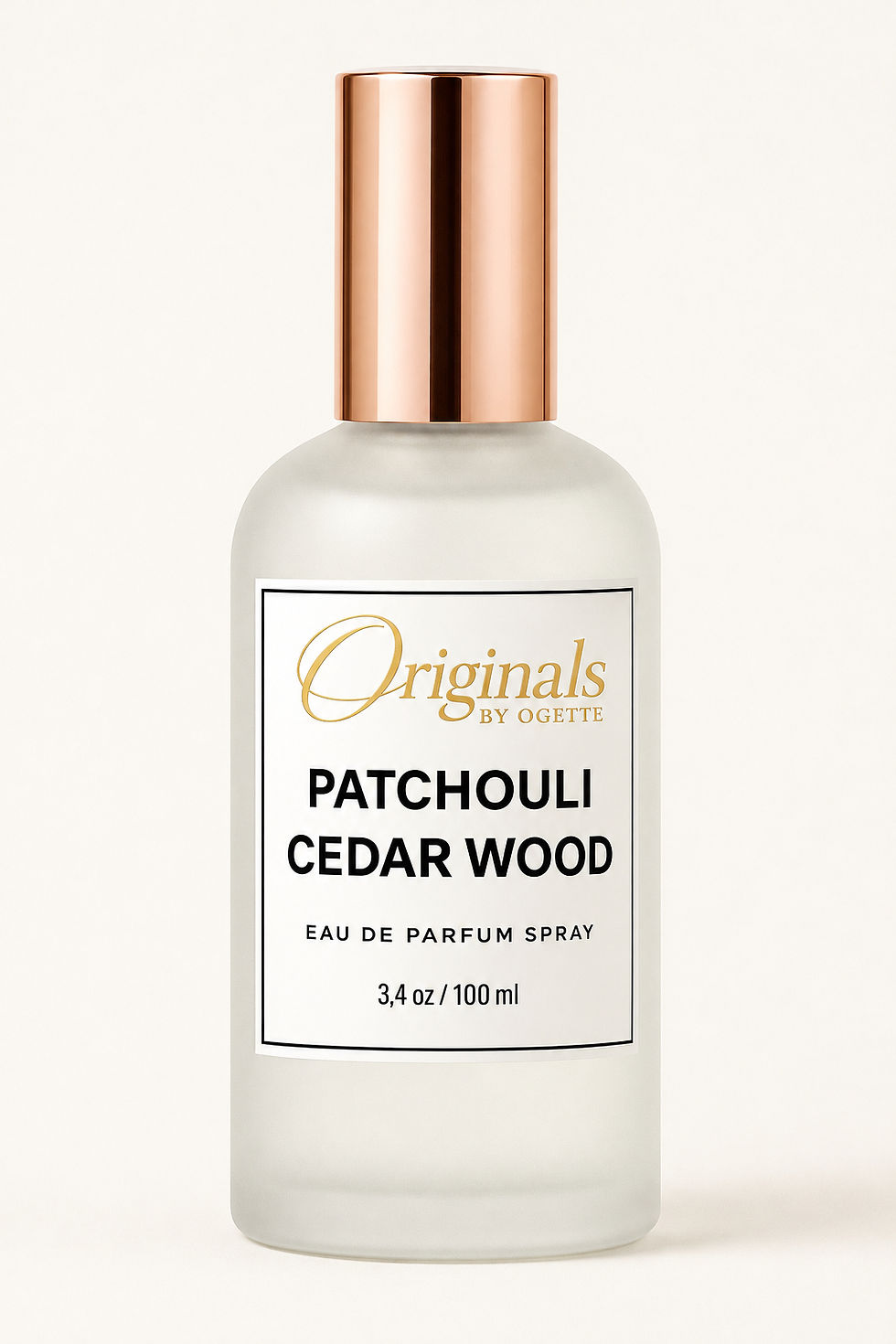Patchouli Cedar Wood Eau de Parfum by Originals by Ogette, 3.4 oz unisex luxury fragrance in a frosted glass bottle with a ro