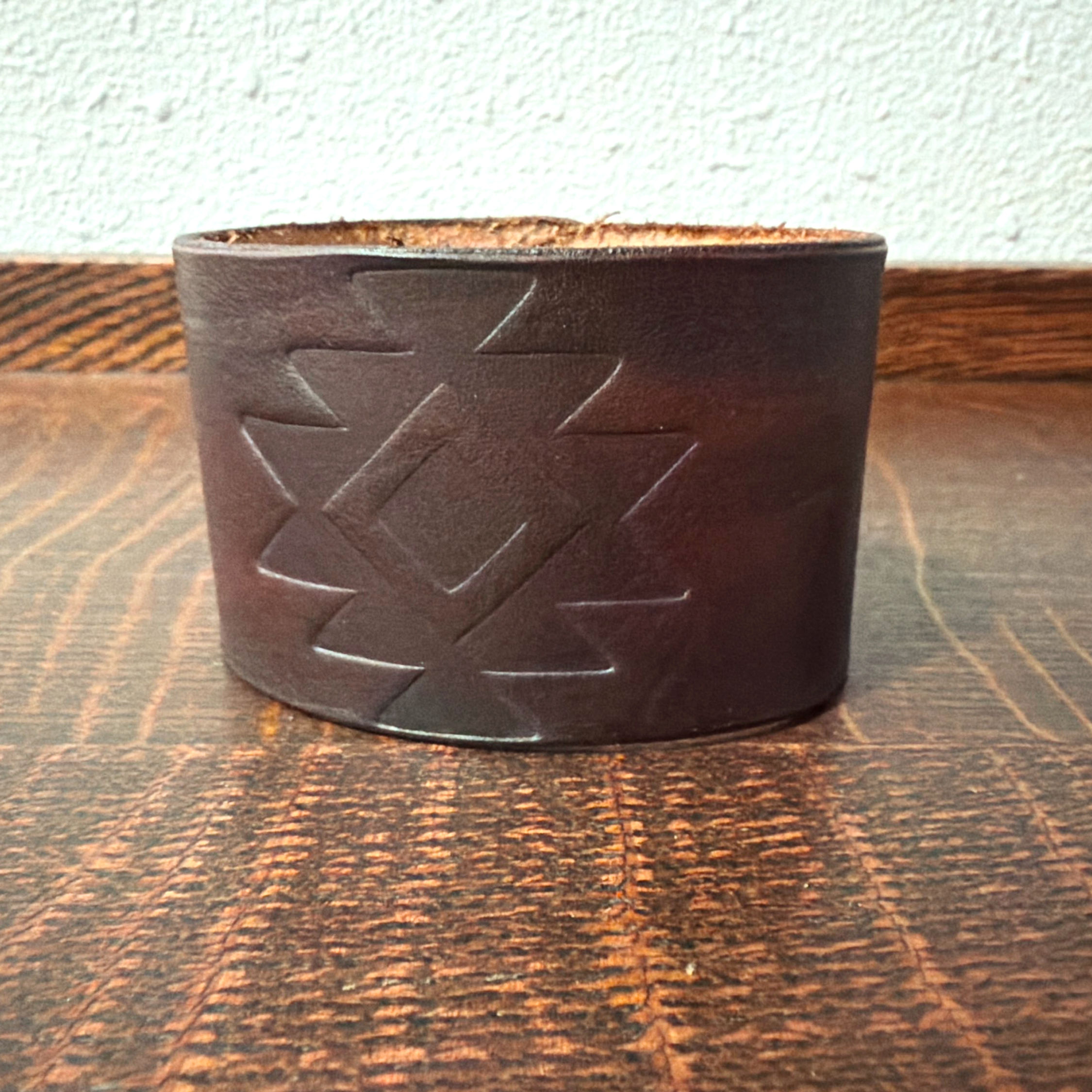 Brown Aztec Inspired Leather Cuff- M/L closed
