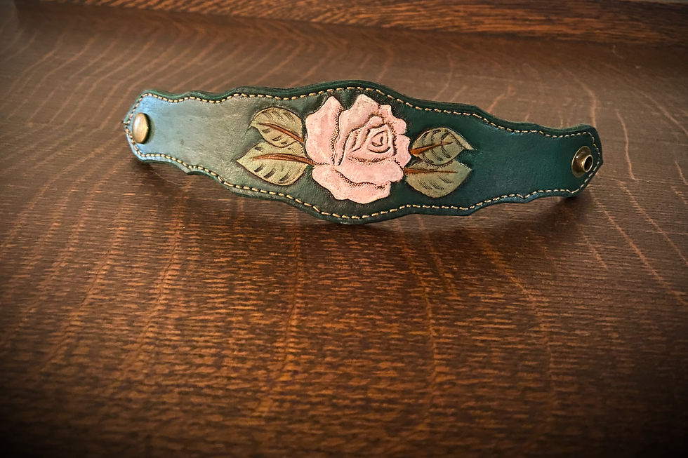 Western Rose Cuff Bracelet -Green/Pink-Hand Tooled Leather