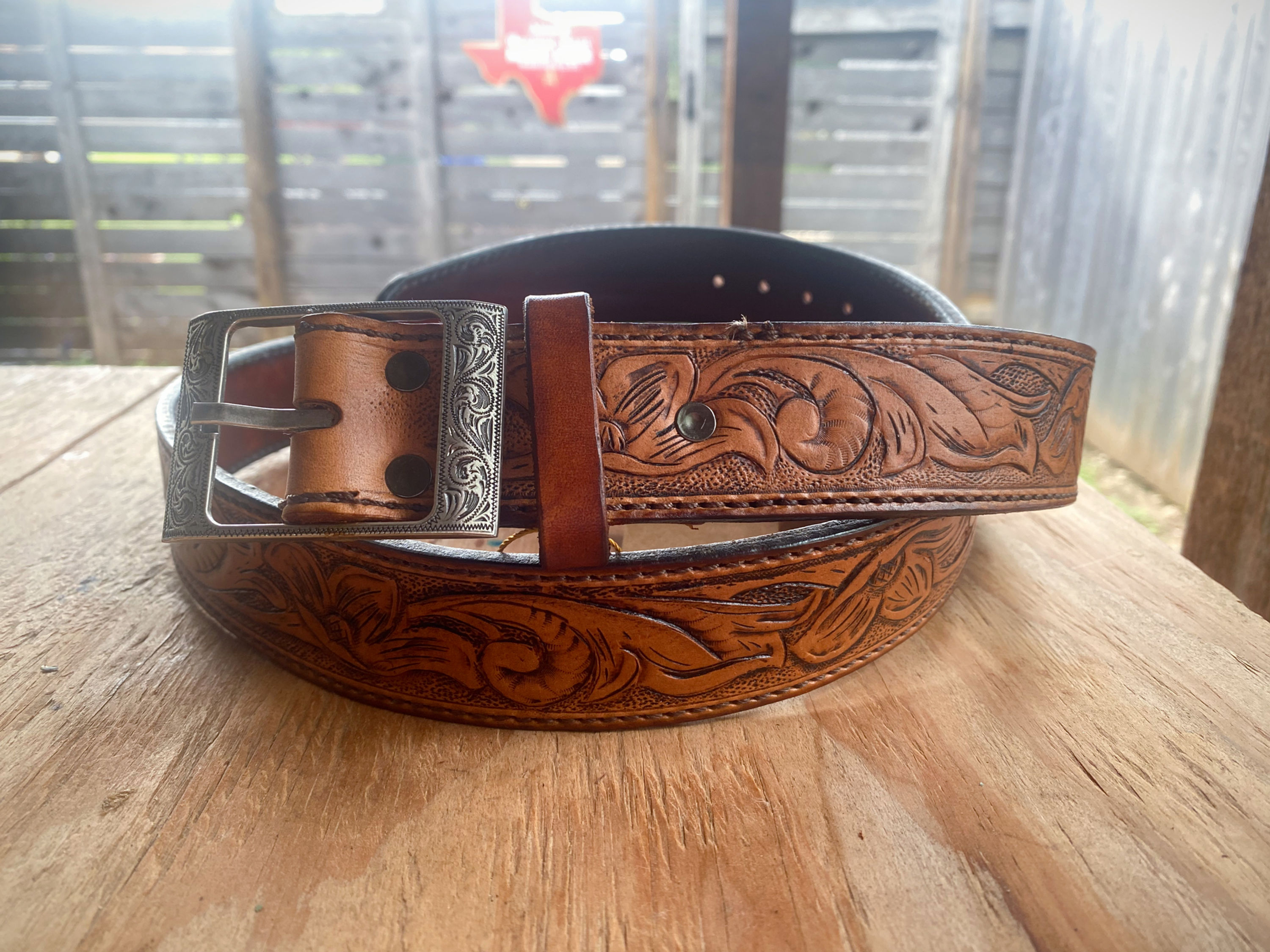 Hand Tooled Western Floral Leather Belt - Size 42