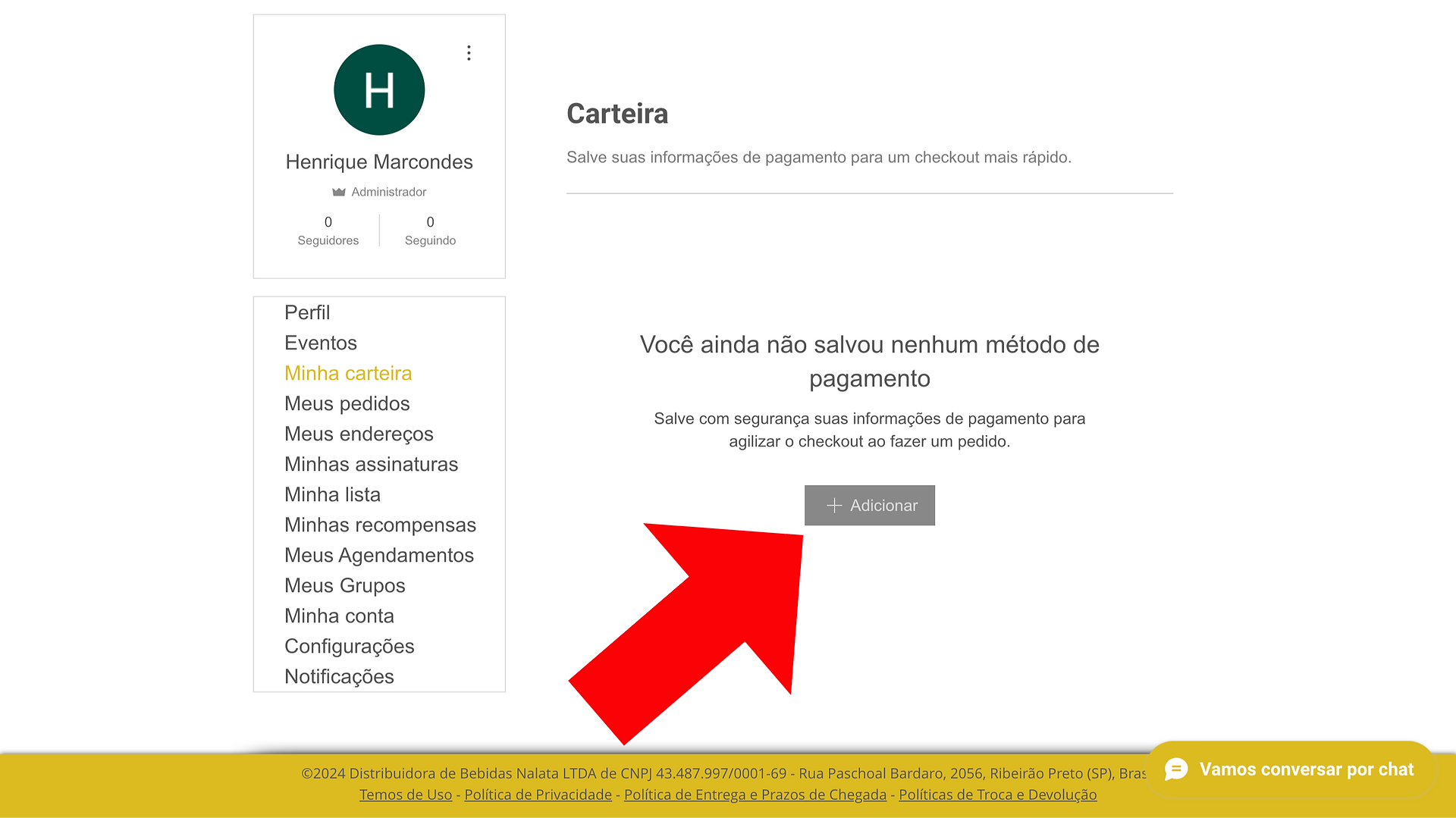 Foto de tela no desktop da pagina "minha carteira" da area de membros do nalata.shop