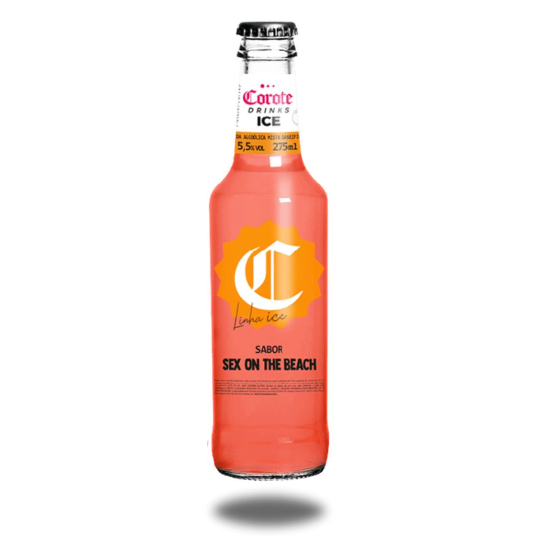 Frente da garrafa long neck de 275ml do drink corote ice sabor sex on the beach 275ml