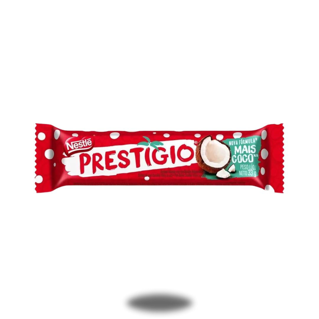 Frente do chocolate prestigio de 33g embalado