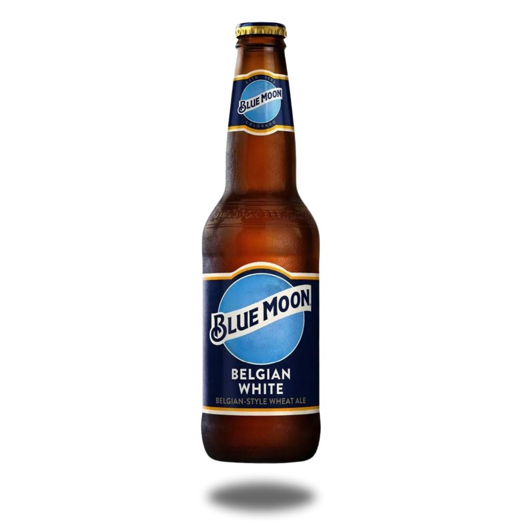 Frente da garrafa de vidro long neck da cerveja blue moon belgian white com 355ml