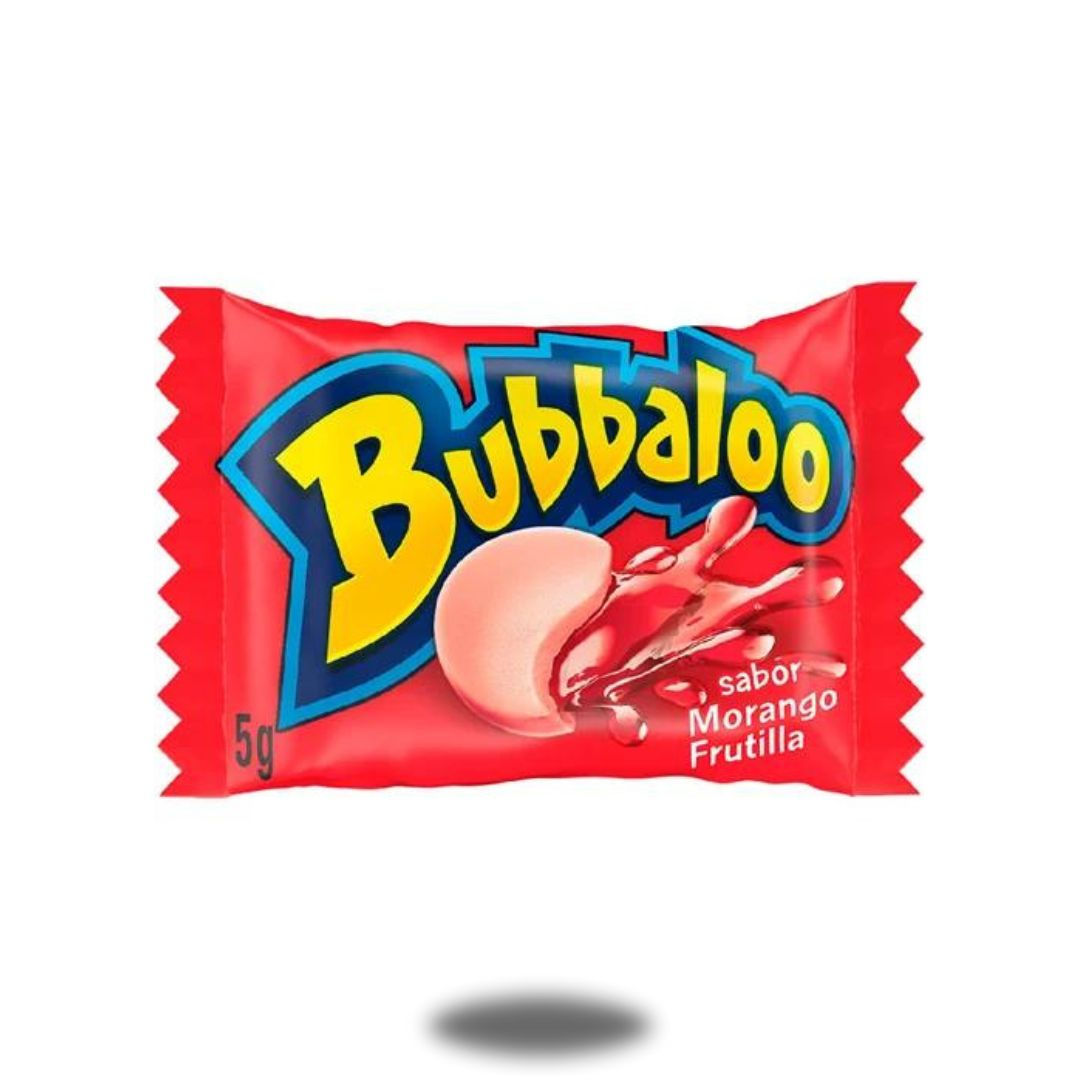 Frente da embalagem de goma de mascar bubbaloo sabor morango