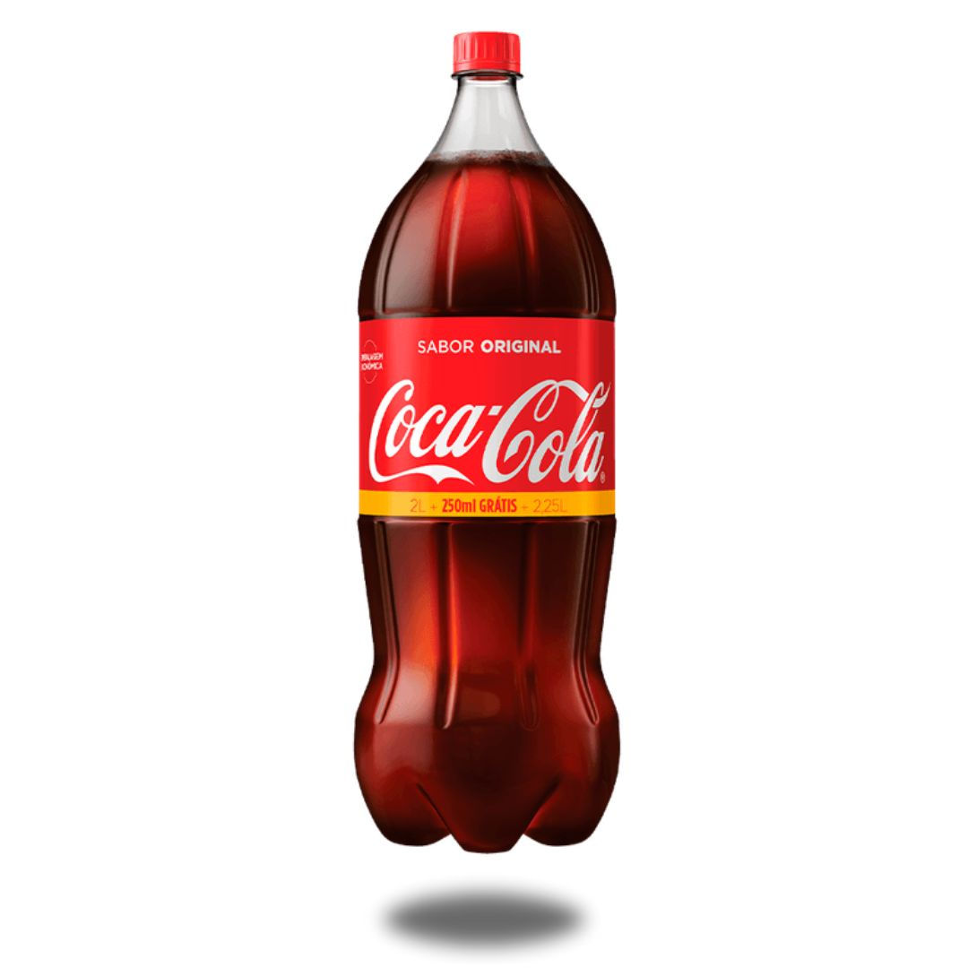 Frente da garrafa pet de plastico de coca cola original 2,25 litros