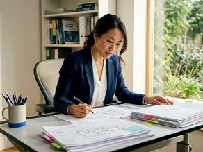 Woman reviewing CAD drawing sheets at drafting table