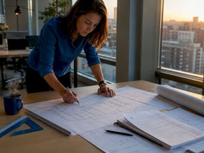 Architect reviewing technical drawings checklist