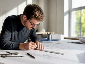 Hands marking mirror axis on architectural drawing