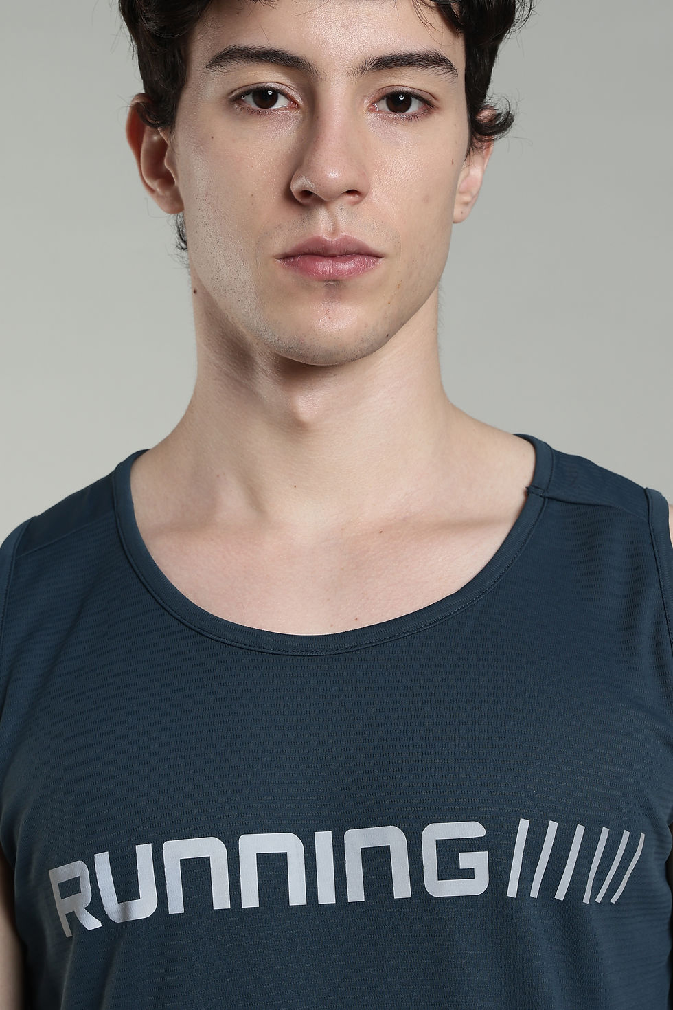 Thumbnail: IRON OX Running Sandos navy blue performance tank top, front view for running, gym training and active use.
