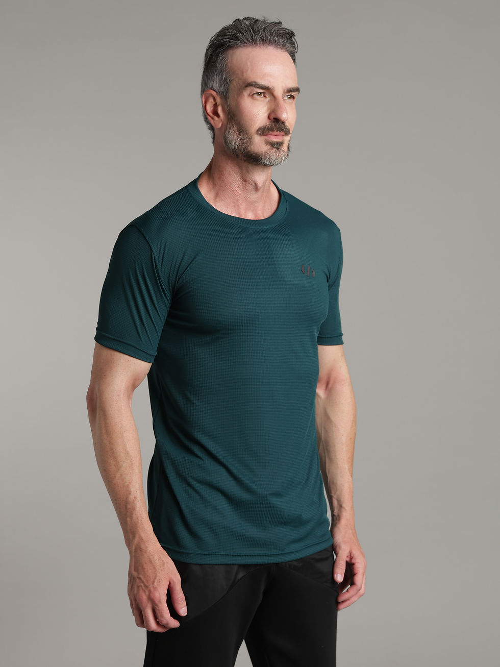 Thumbnail: IRON OX Summer Edition dark green round neck performance T-shirt, front view for gym, running and active use.
