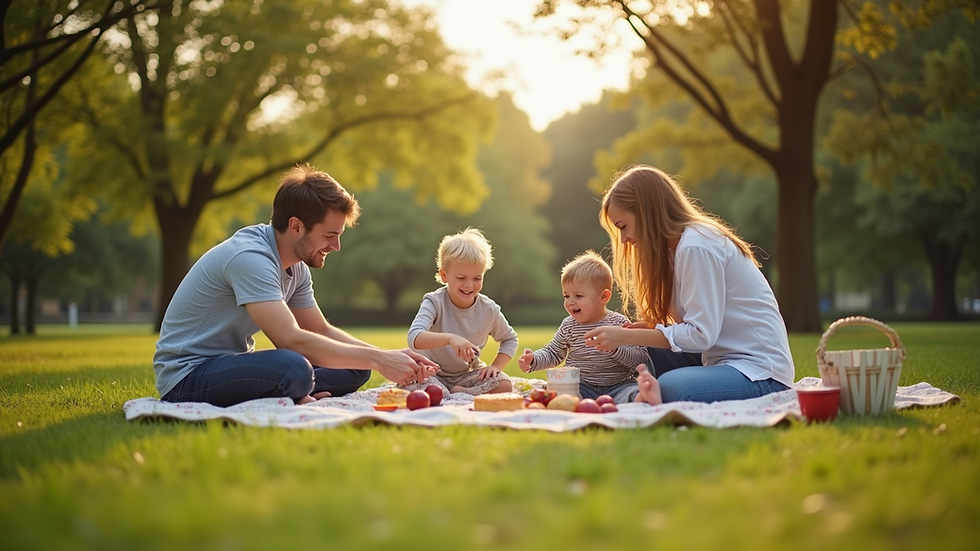 Wide angle view of a family enjoying a picnic in a park