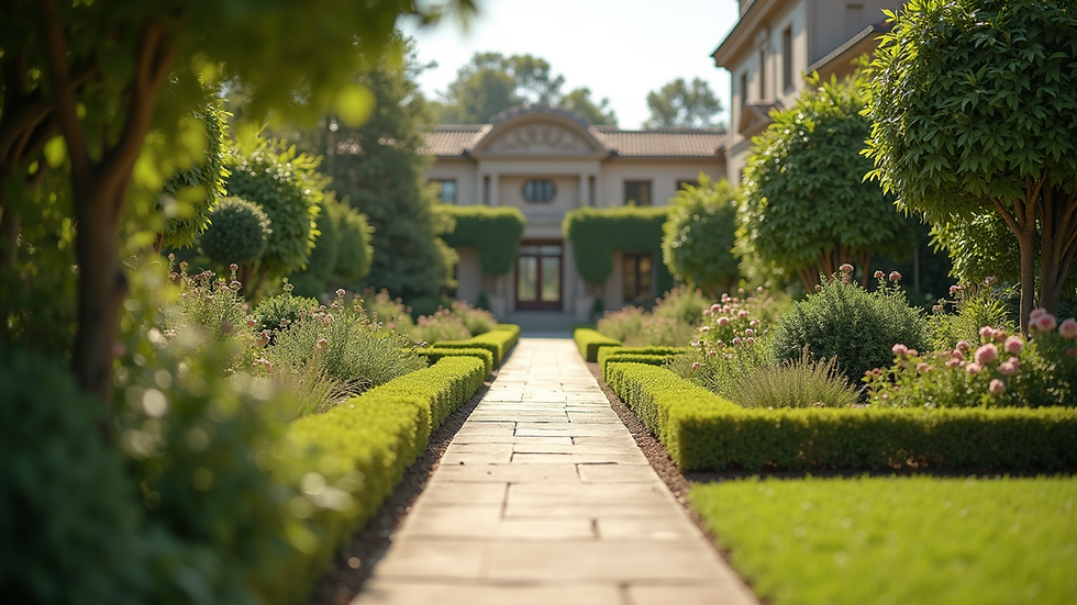 Wide angle view of a beautifully landscaped garden