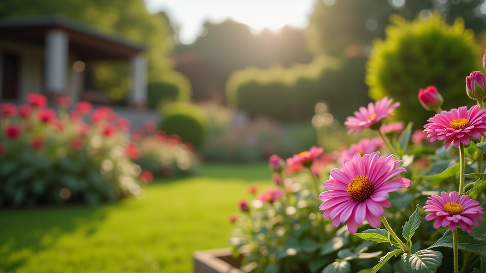 Wide angle view of a well-maintained garden with vibrant flowers