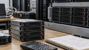 Enterprise storage drive trays beside a rack chassis, with a calculator and a capacity planning notebook