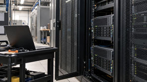 Two enterprise servers in a working rack with one door partly open and a service laptop on a cart