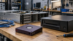 LTO tape cartridge beside an external tape drive, a spare server chassis and network cables on a workbench