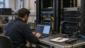 Isolated server test lab with two rack servers, temporary network cabling and a service laptop