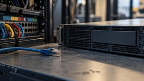 Disconnected network cable resting beside a rack server and a colour-coded patch panel