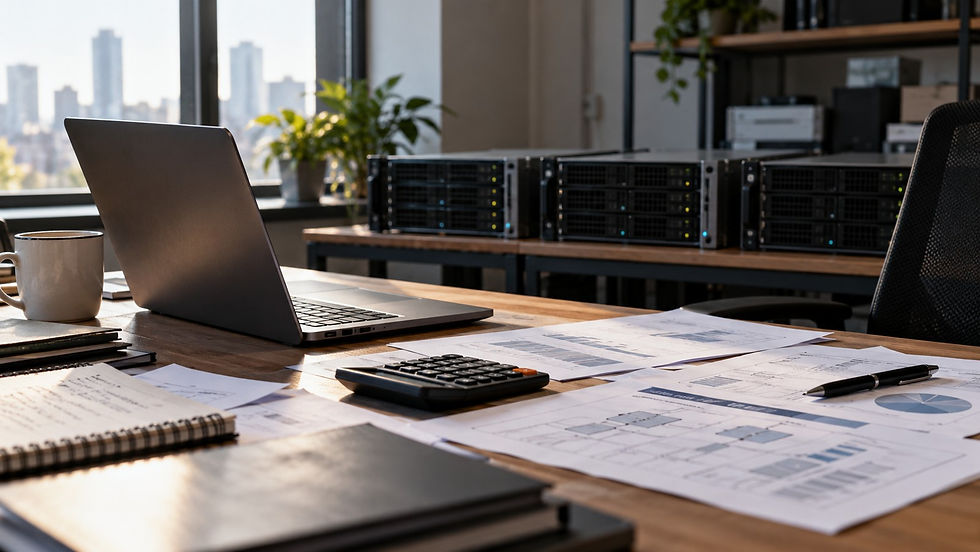 Infrastructure architect's worktable with a laptop, a calculator and evaluation sheets, compact servers in the background
