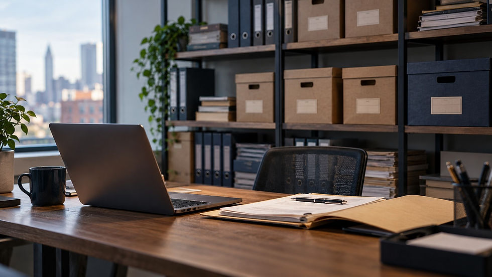 Archive document boxes on office shelving behind a desk with a laptop and an open folder