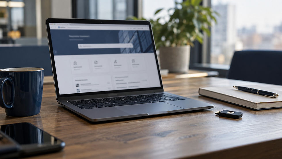Laptop showing a support web page beside a physical security key and a notebook