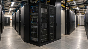 Enterprise data centre junction with one rack row in the foreground and two rack aisles branching away