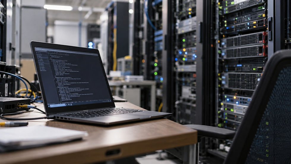 Server lab workstation with a laptop showing a terminal window and rack servers in the background