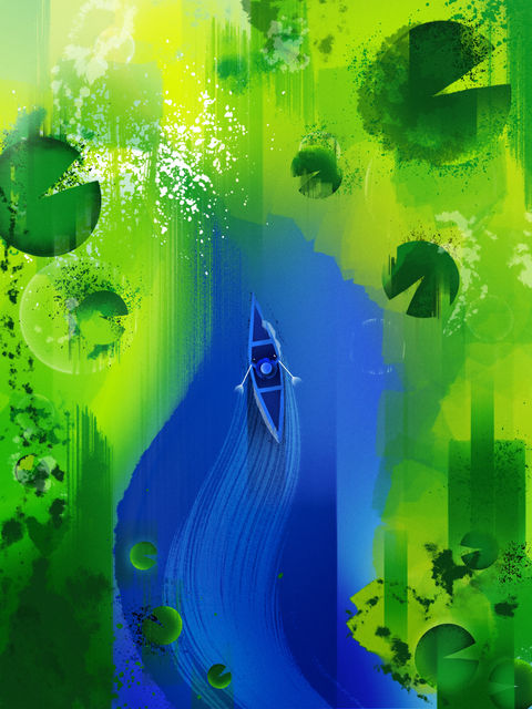 A bold colour illustration of a lonely canoe resting in a dense jungle surrounded by vibrant foliage creating a quiet and atm