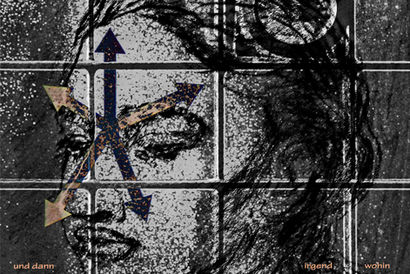 Bildtitel: Alice folgt dem Kaninchen, Aufnahmedatum: Sommer 2025, Bildbeschreibung: Kohlezeichnung mit montiertem Gitter und Pfeilen © Detlef Kohnen | Fotogruppe LichtGestalten Garbsen