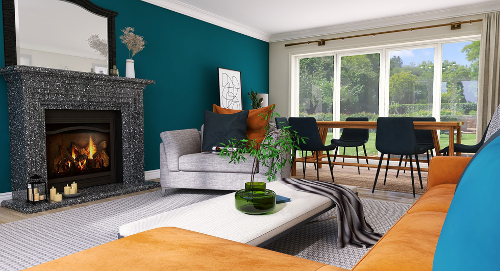 Teal, navy and tan living room