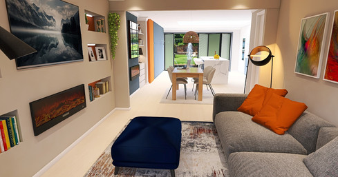 Neutral living room with bold accent colours