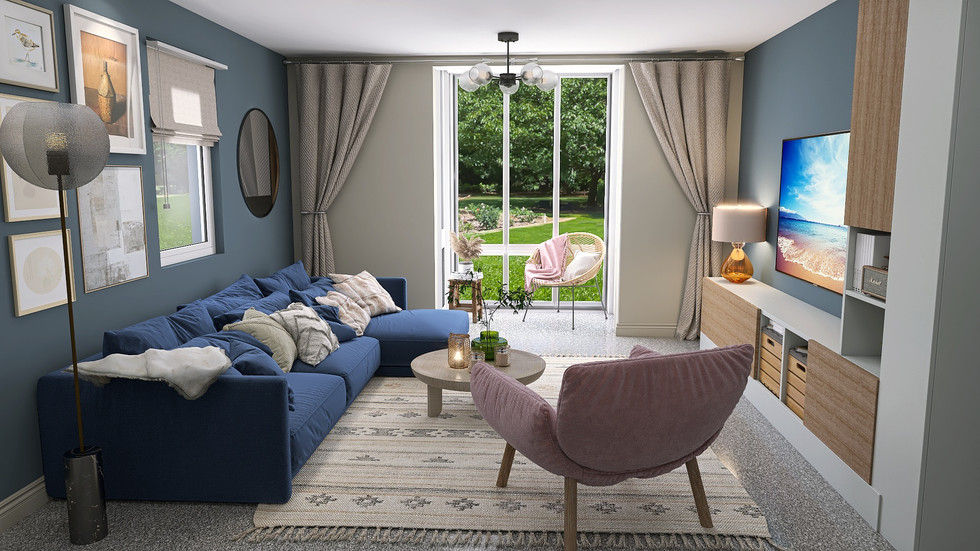 Living room Sweater Weather paint and pink accents