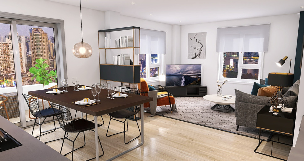 View from kitchen and dining area to living room