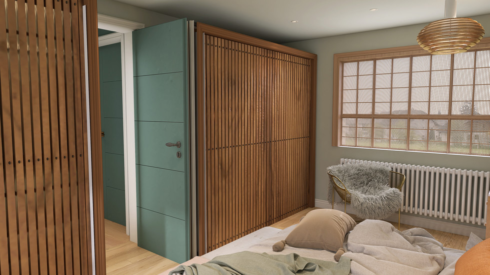 Slatted wood panels make great wardrobe doors