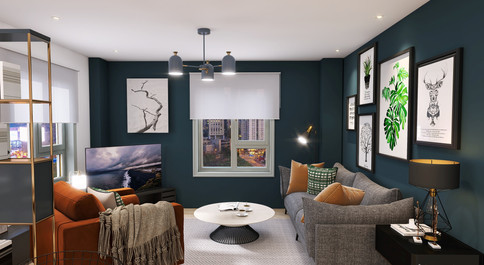 Living room, with dramatic contemporary decor.