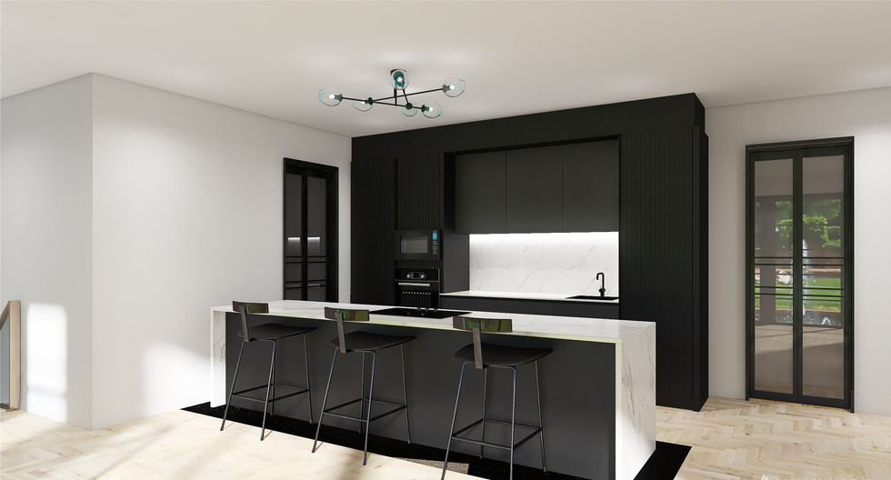 Black and quartz Japandi kitchen