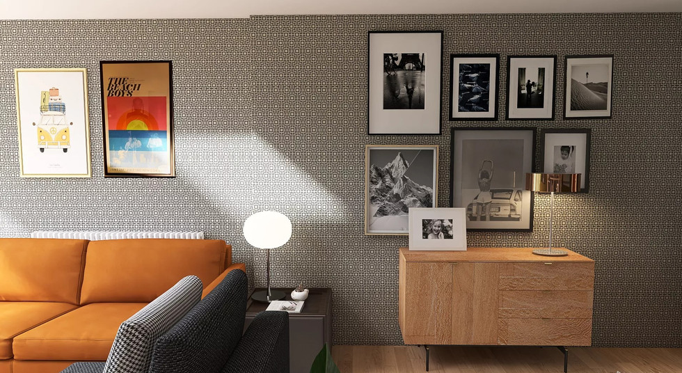 Mid century furniture, black and white geometric wallpaper
