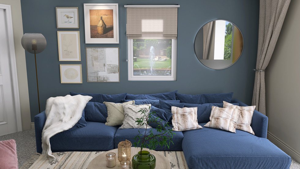 Comfy L-shaped sofa, gallery on wall