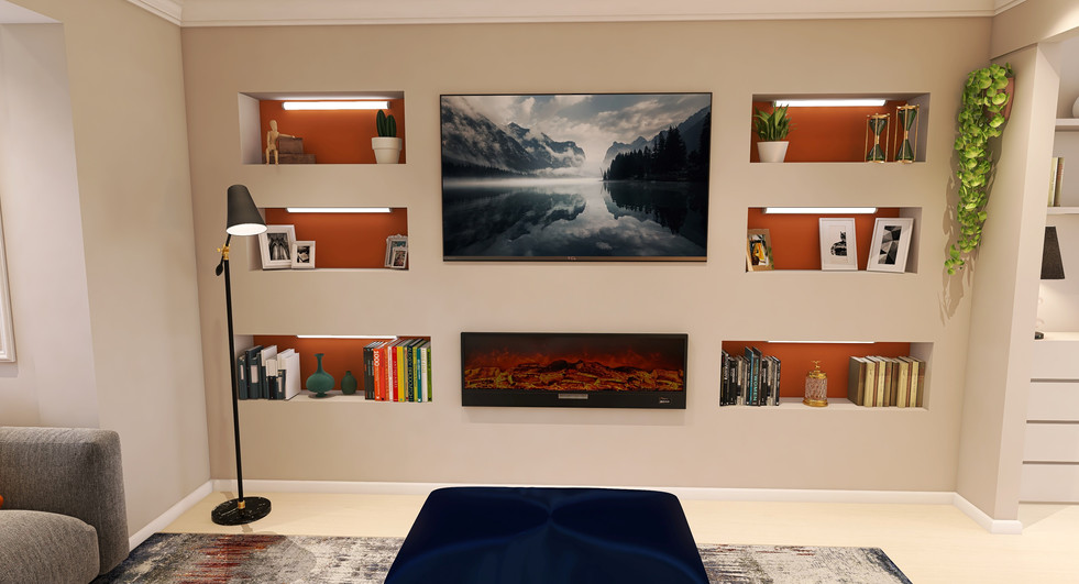 TV wall with shelving insets