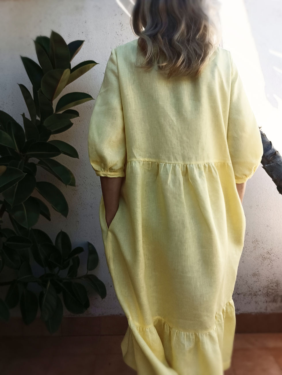 Thumbnail: Yellow / YELLOW ASTER / 3/4 puff-sleeve tiered dress with pockets / medium weight linen / handmade by Kadrika