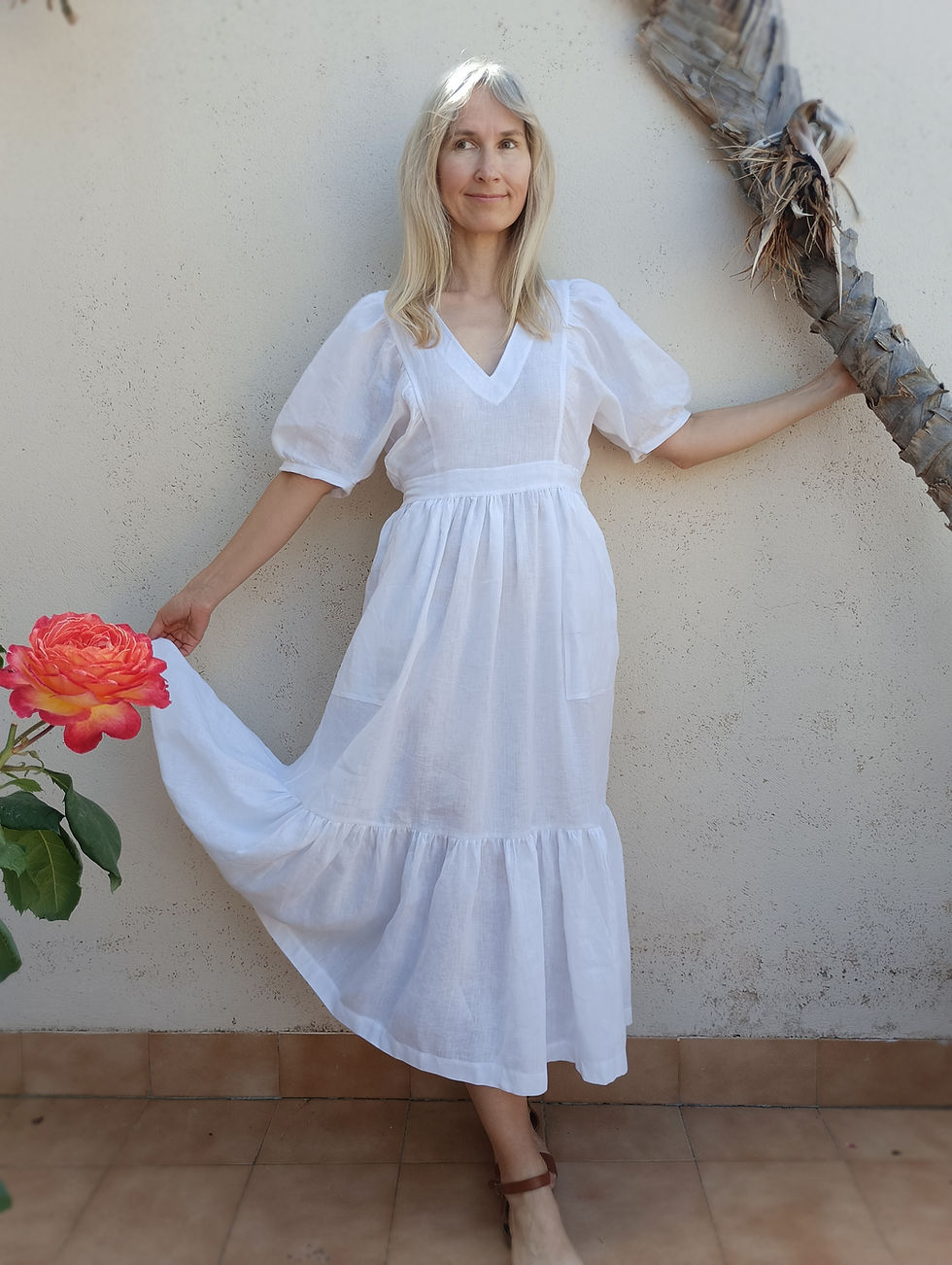Thumbnail: White / RANUNCULUS / kimono-sleeve tiered dress with pockets / medium weight linen / handmade by Kadrika
