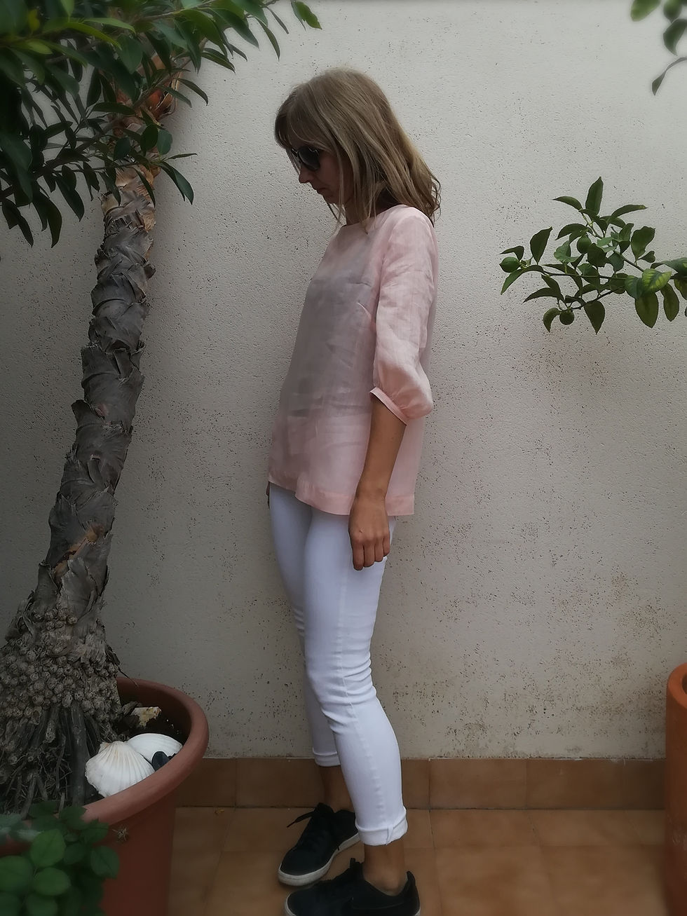 Thumbnail: Pale pink / BACHELOR BUTTON / boat-neck top with 3/4 puff sleeves / lightweight ramie / handmade by Kadrika