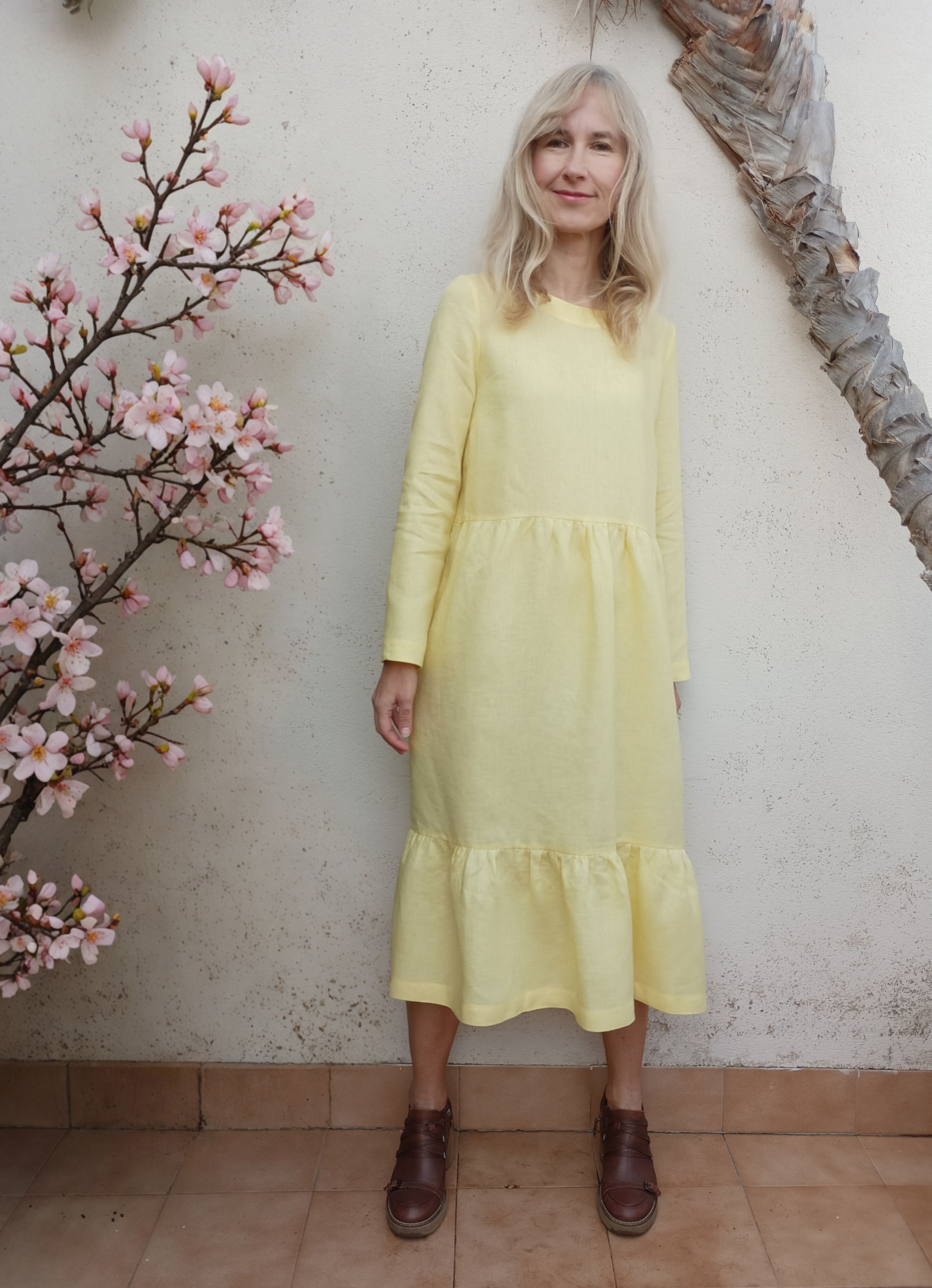 Yellow / FALL ASTER / long-sleeve tiered dress with pockets / medium weight linen / handmade by Kadrika
