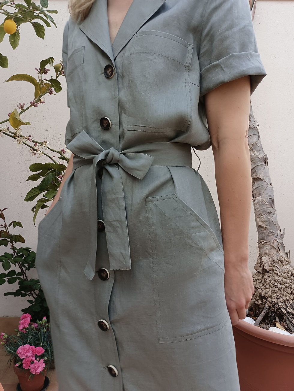 Thumbnail: Dusty green / BINDWEED / short-sleeve, shirt-dress with belt / medium weight linen / handmade by Kadrika