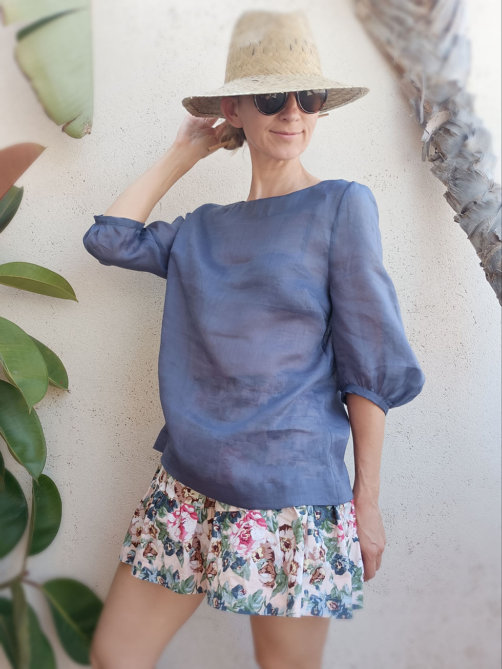 Thumbnail: Blue / BACHELOR BUTTON / boat-neck top with 3/4 puff sleeves / lightweight ramie / handmade by Kadrika