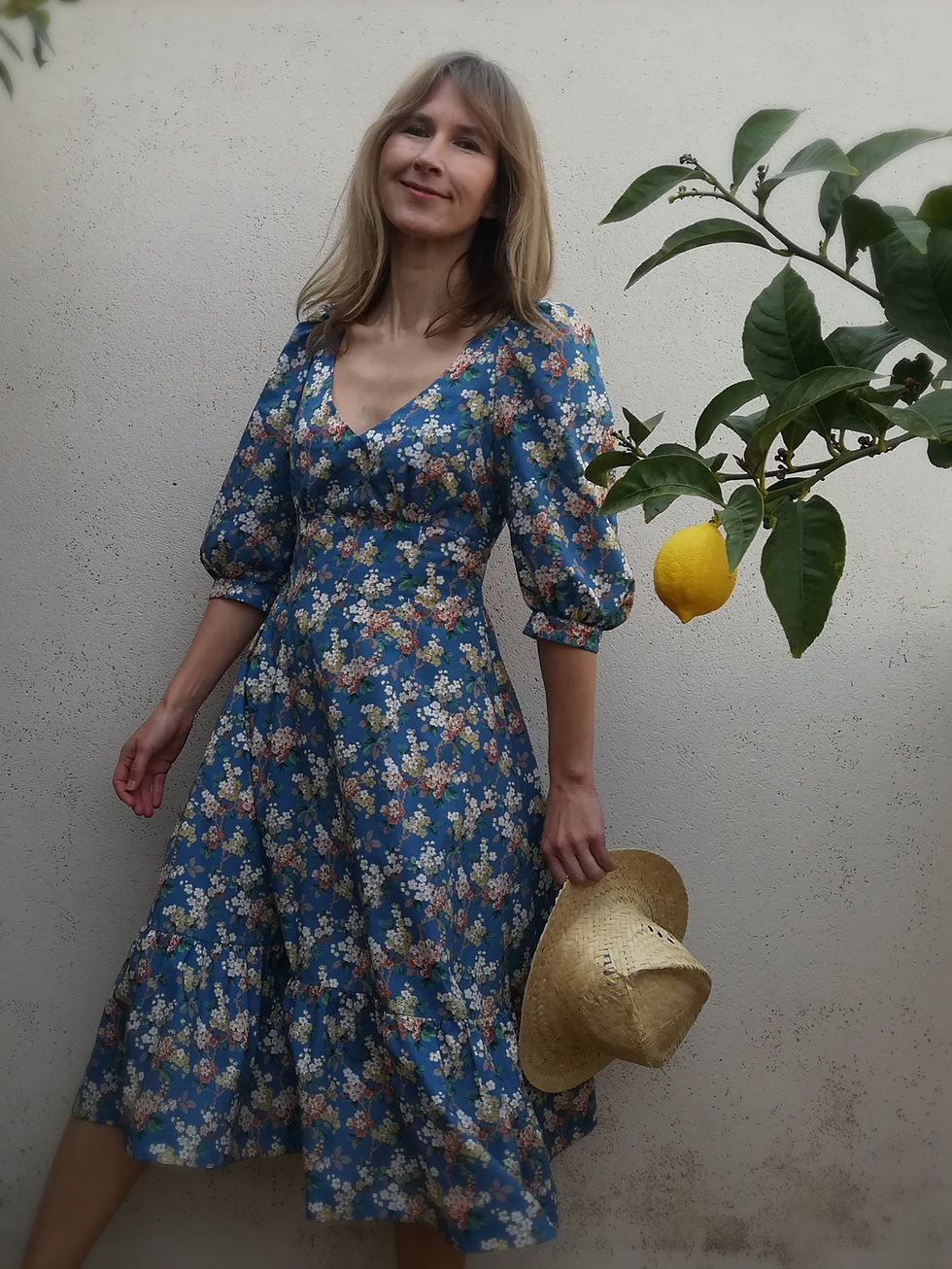 Blue / APPLE / 3/4 puff-sleeve, tiered dress / floral lawn cotton / handmade by Kadrika
