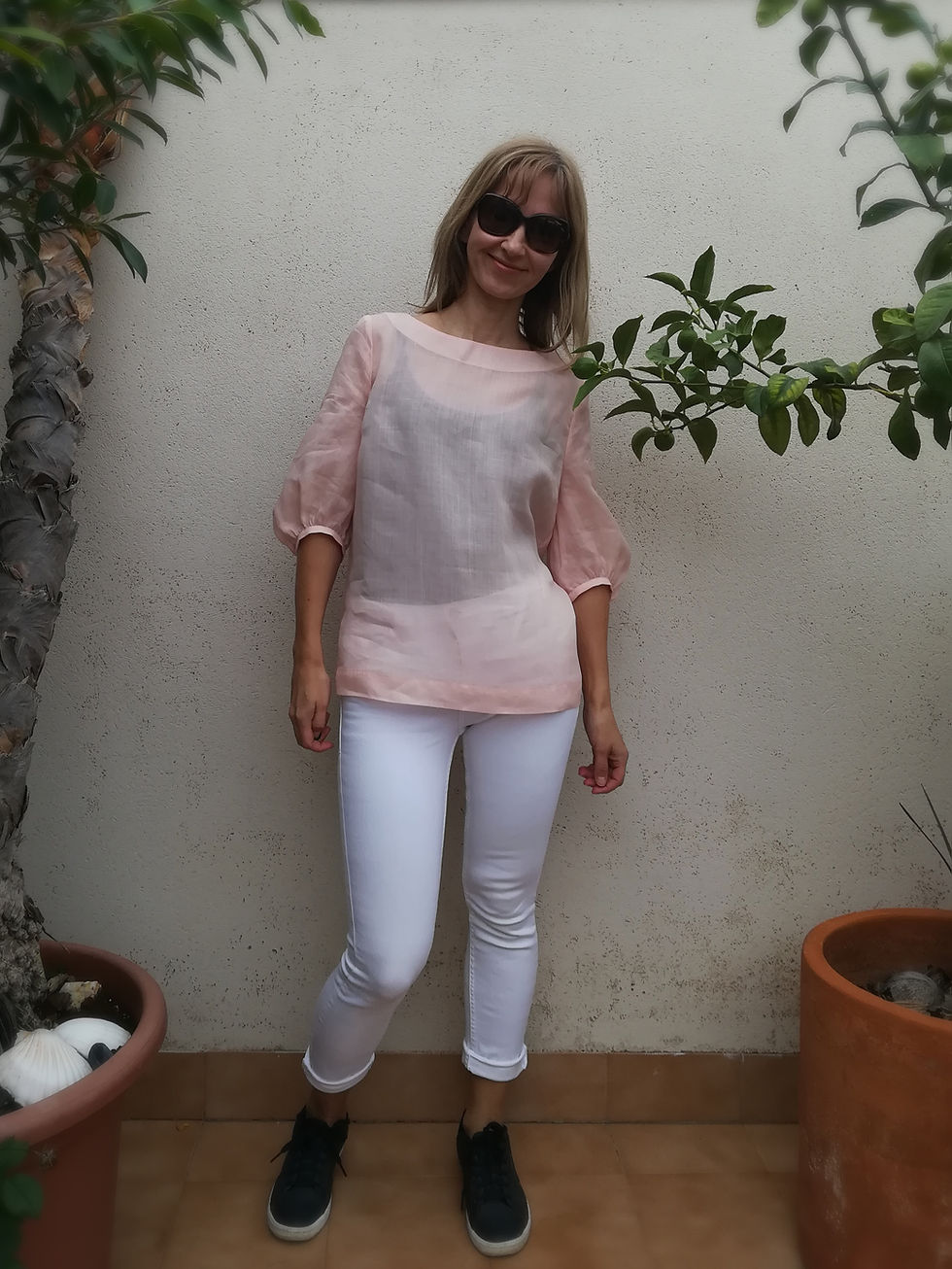 Thumbnail: Pale pink / BACHELOR BUTTON / boat-neck top with 3/4 puff sleeves / lightweight ramie / handmade by Kadrika