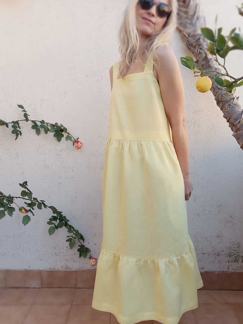 Thumbnail: Yellow / MINI ASTER / tiered strap-dress with pockets / medium weight linen / handmade by Kadrika